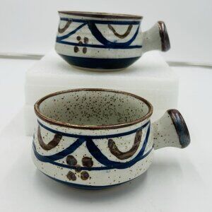 Stoneware Soup Mug Crock Bowl Vintage Blue Brown Hand Painted Mug Set of 2
